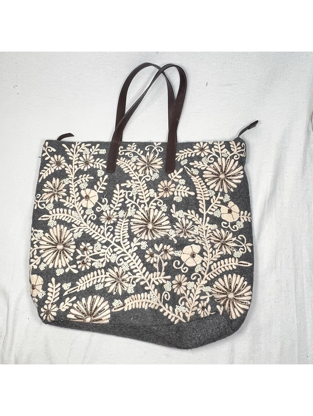 Anthropologie Jasper & Jeera "Paris Years" Beaded Embroidered Tote Bag Grey Wool